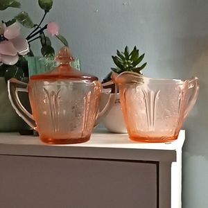 Vintage Authentic Pink Cherry Blossom Depression Glass Cream and Sugar Set.